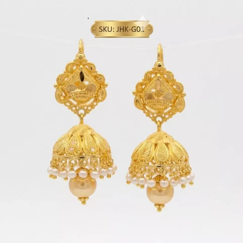 Imperial Gold Filigree Jhumka Earrings with Pearl Droplets