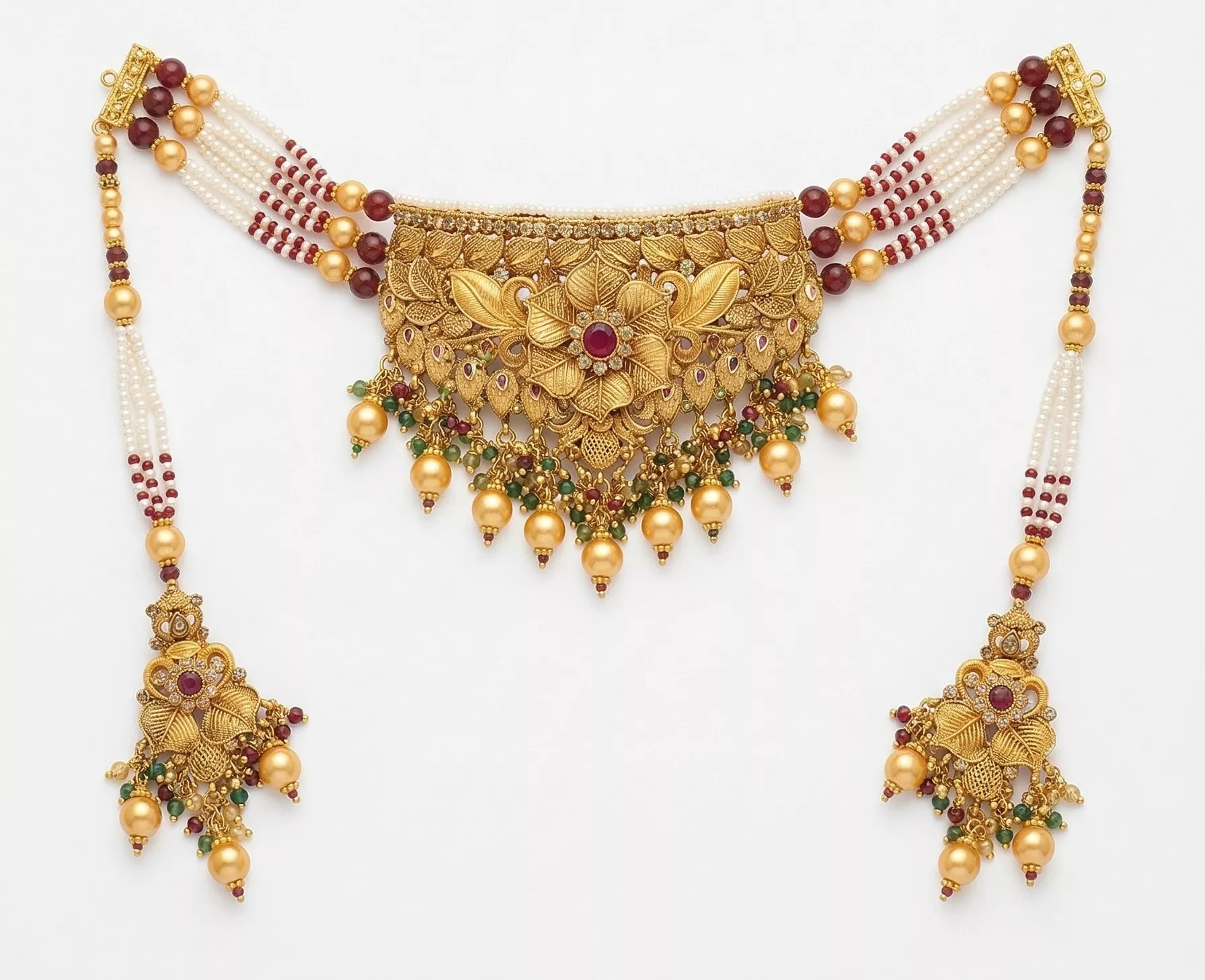 Imperial Floral Filigree Choker Set with Rubies and Seed Pearls