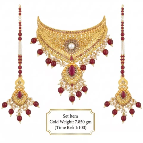 Maharani Gold Filigree Choker Set with Rubies and Lustrous Pearls